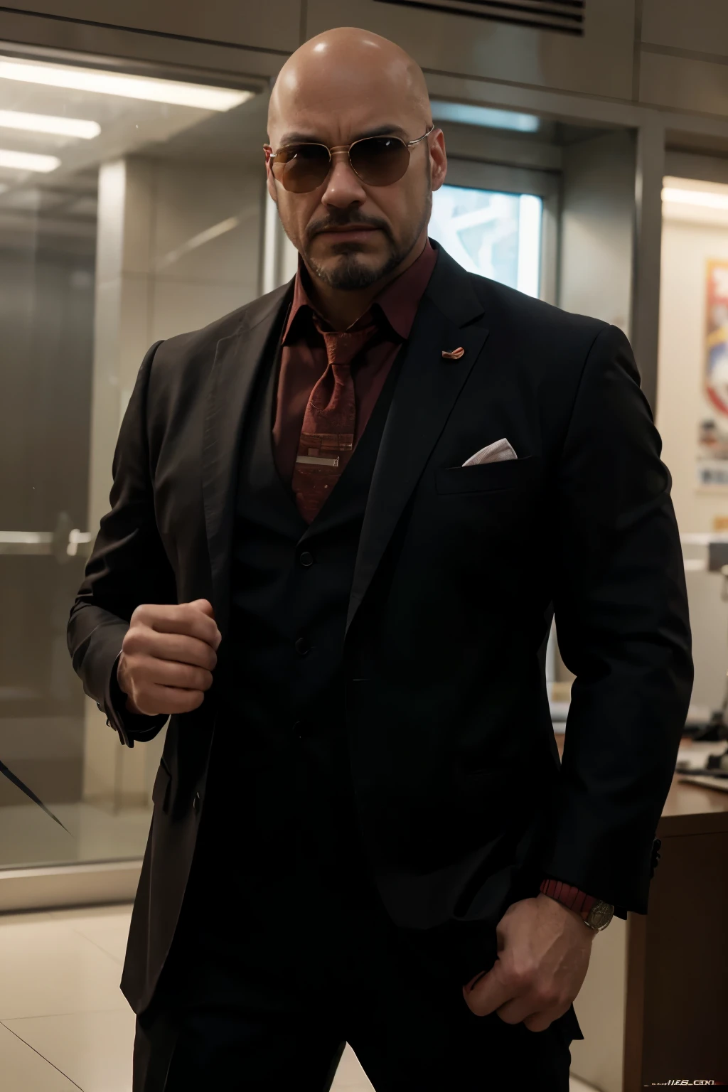 Comics action scene of a 40-year-old bald man with a short beard, wearing Tony Stark's suit in the style of Jack Kirby