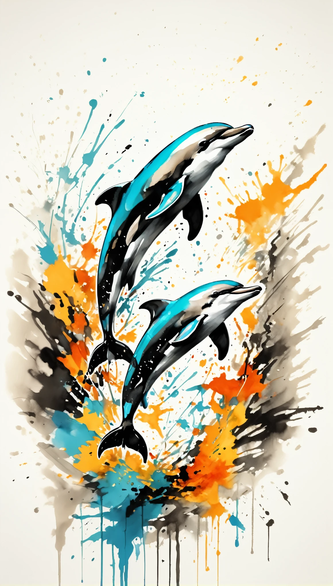 Vector Art, Colorful illustration with dolphins, In the center, Vibrant colors，Graffiti Art，ink splatter，Wild and unrestrained，rich and colorful，visual impact,Modern aesthetic super detailed,
