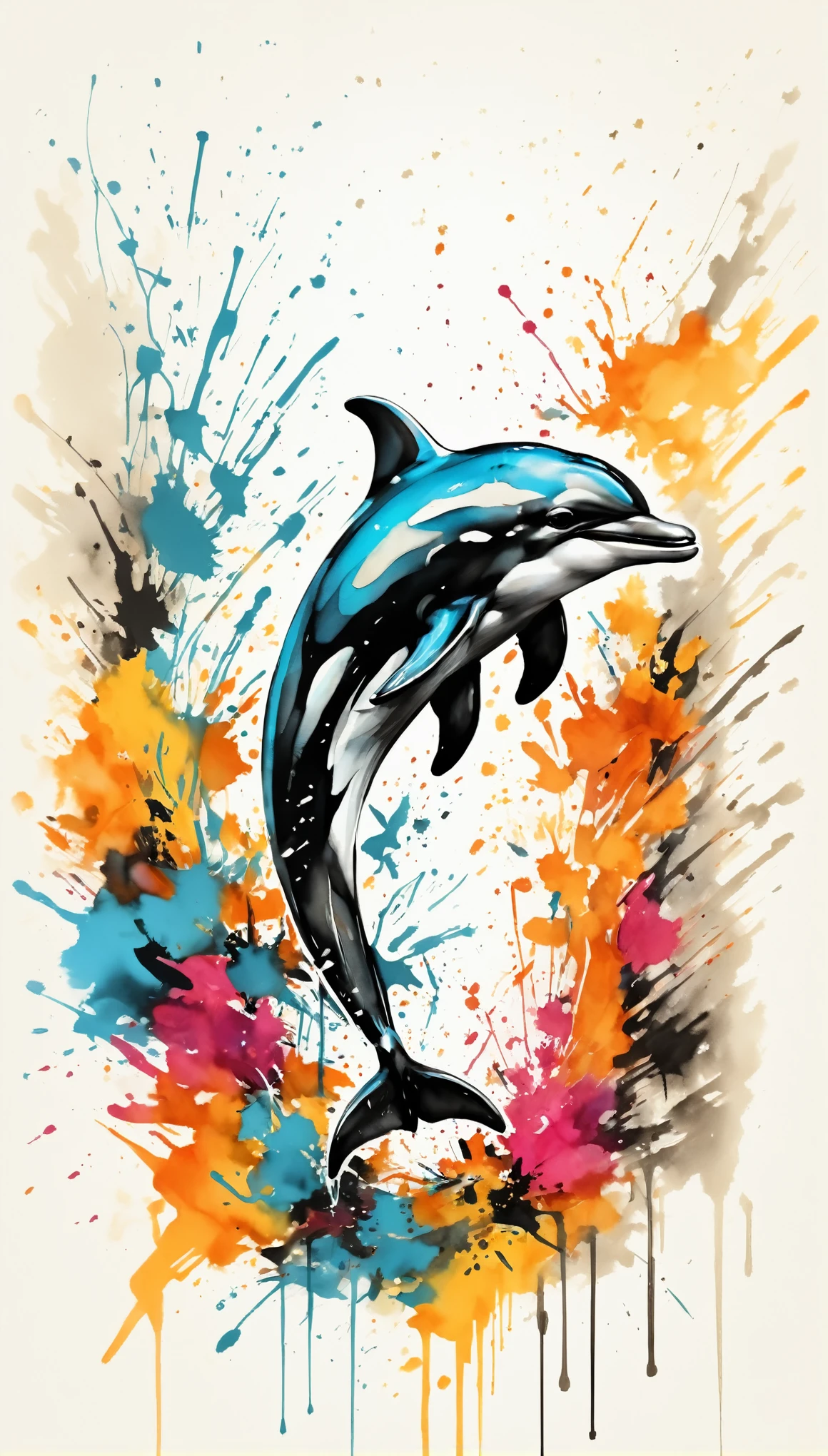 Vector Art, Colorful illustration with dolphins, In the center, Vibrant colors,Graffiti Art,ink splatter,Wild and unrestrained,rich and colorful,visual impact,Modern aesthetic super detailed,