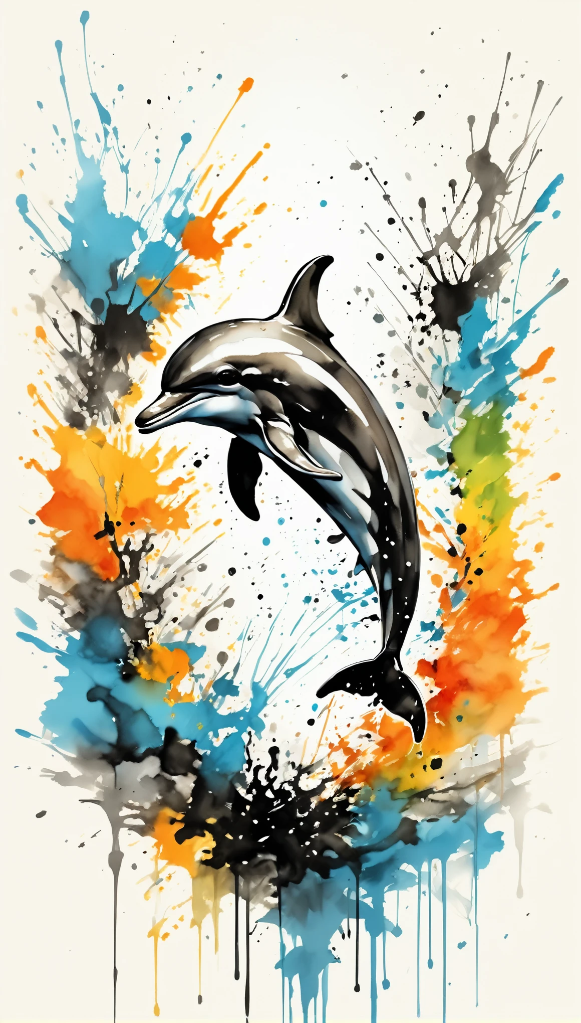 Vector Art, Colorful illustration with dolphins, In the center, Vibrant colors,Graffiti Art,ink splatter,Wild and unrestrained,rich and colorful,visual impact,Modern aesthetic super detailed,