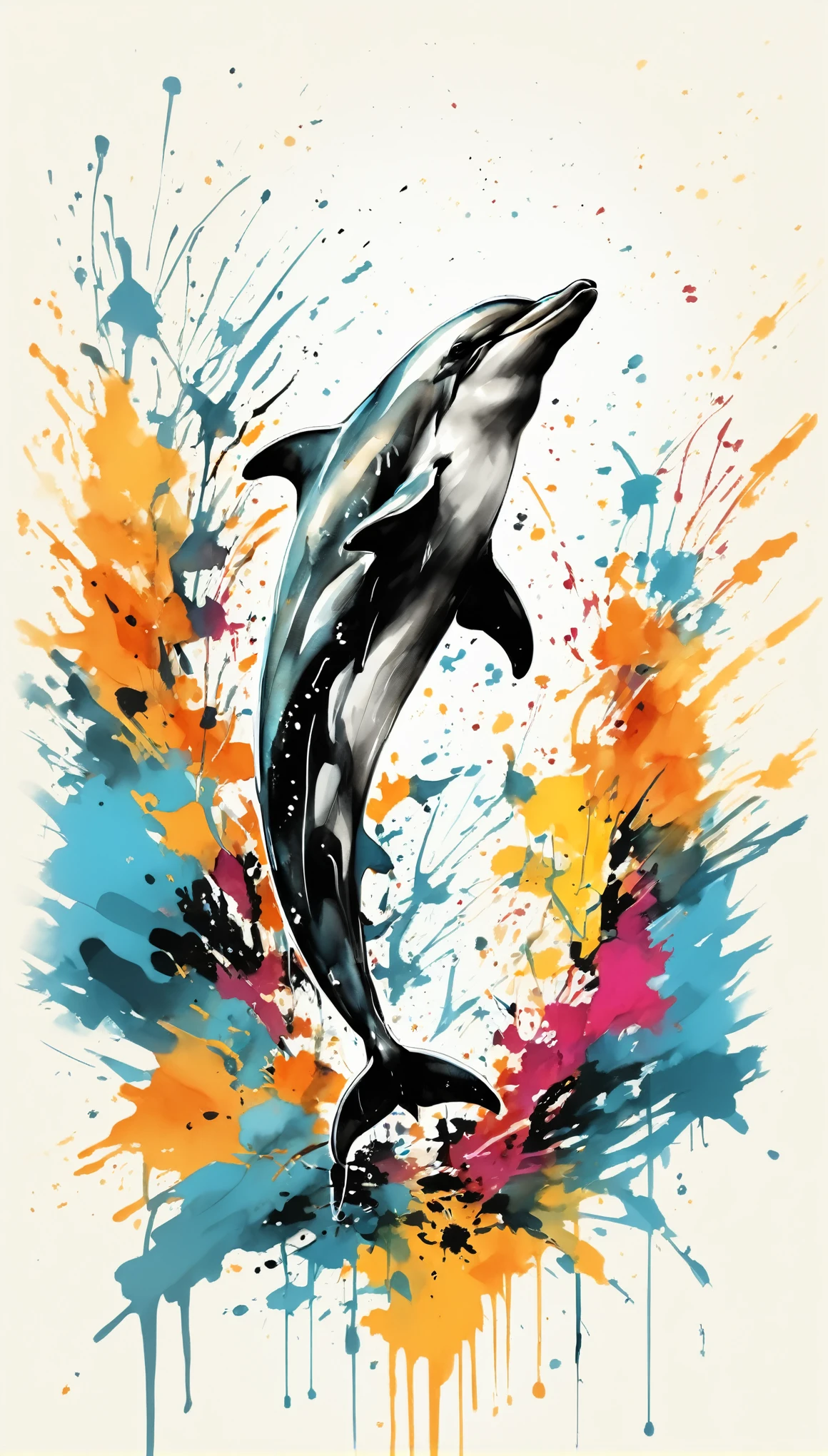 Vector Art, Colorful illustration with dolphins, In the center, Vibrant colors，Graffiti Art，ink splatter，Wild and unrestrained，rich and colorful，visual impact,Modern aesthetic super detailed,
