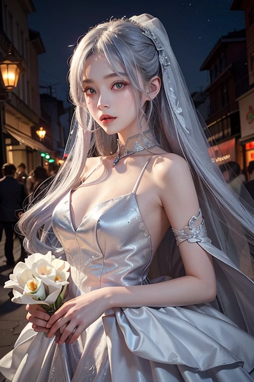 、woman、whole body、Evil Face, Red eyes, Iris,Silver Hair、City of night、festival、Wedding dress、Long Hair、whole body、Shoulders stick out
