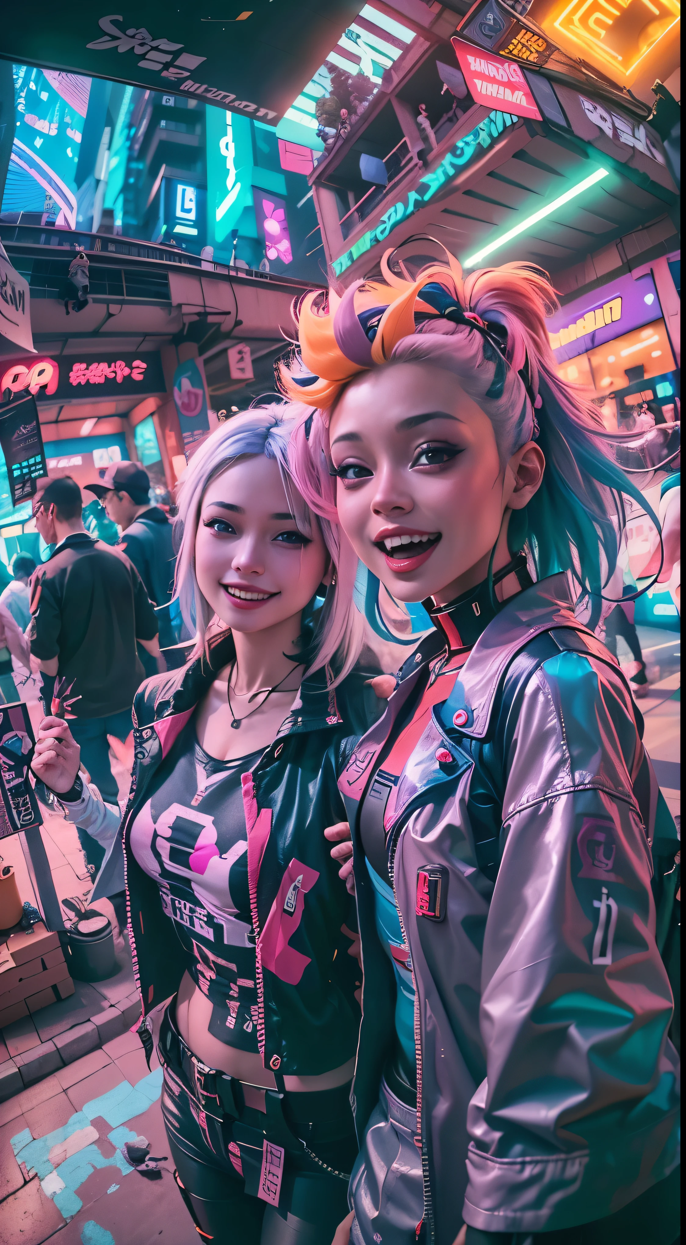 ((2 cyberpunk girls wearing colorful Harajuku style pop outfit)), ((fisheye lens)), cowboy shot, wind, messy hair, cyberpunk cityscape, (bright colors), (aesthetics and atmosphere:1.2), smiling, laughing