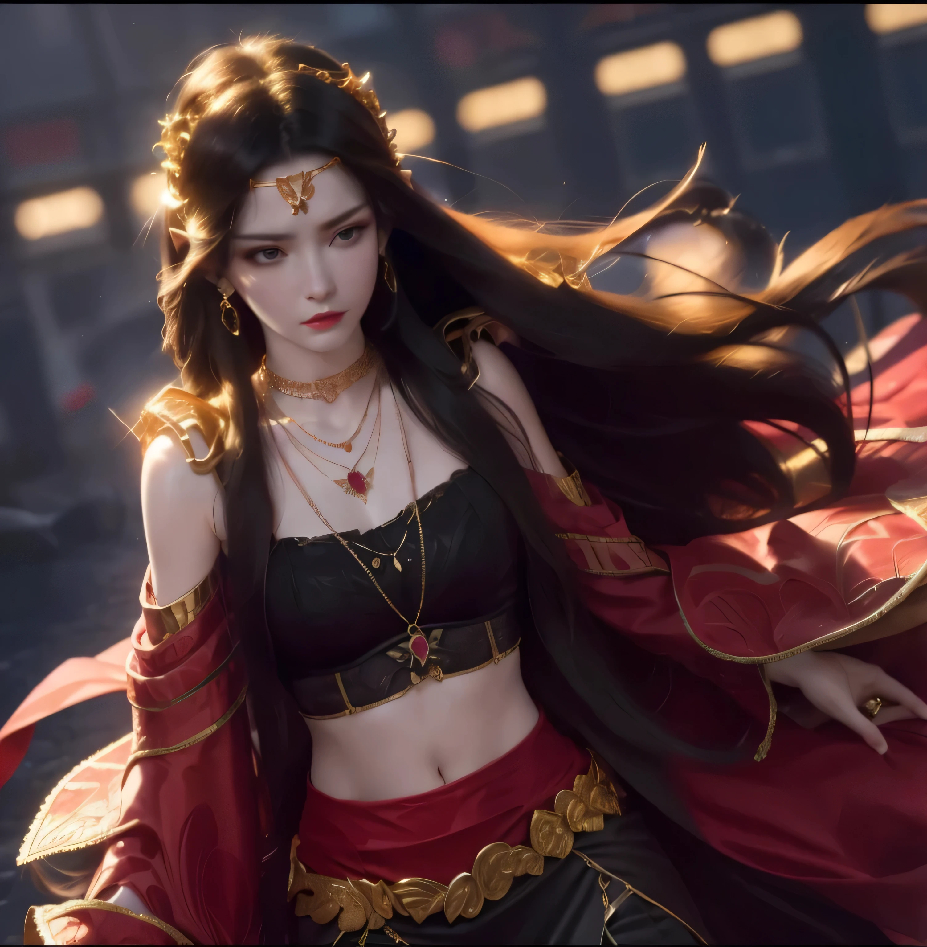 (backlighting,navel:1.1,black hair),A beautiful woman wearing on the bustling streets of Gintama, surrounded by vendors, beautiful portrait of a stunning goddess girl, beautiful detailed face, porcelain skin, half body shot, centered,((moonlight,night,big neons,strong neon lighting,rim lighting,two tone lighting))),