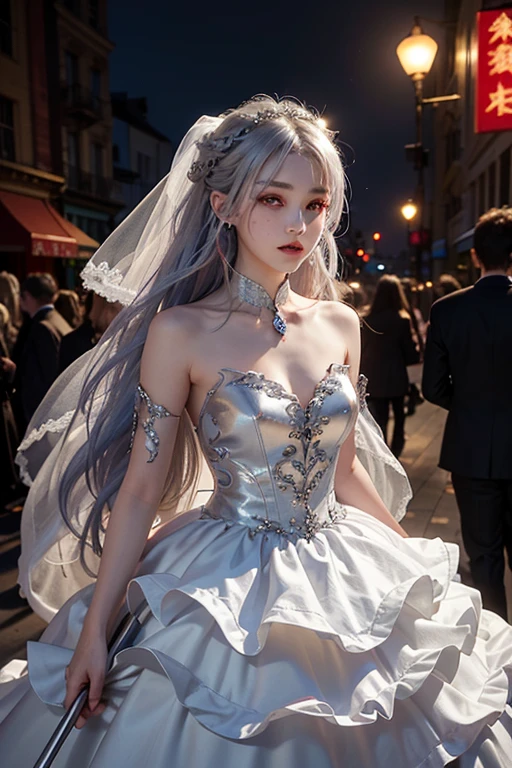 15 years old、woman、whole body、Evil Face, Red eyes, Iris,Silver Hair、City of night、festival、Wedding dress、Long Hair、whole body、Shoulders stick out