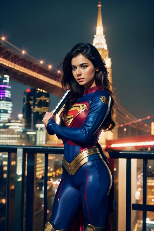 masterpiece, best quality, extremely detailed, hyperrealistic, photorealistic, a beautiful superwoman hold a shield, posing for the camera holding a camera with both hands, taking a photo, city, night