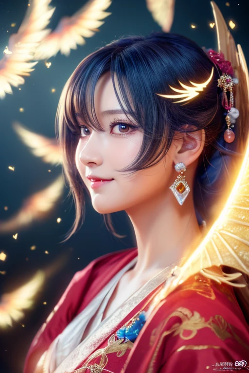 High quality CG illustration,((highest quality)), CG Animation((masterpiece)), (detailed), Perfect Face,日本の女god,A doll-like woman with angel wings, 39 years old,Archangel, , Look forward , Look up at the camera, Bright as morning,(Abysmal),(round, Symmetrical eyes),Delicate facial features,, (She has a mischievous smile),,Big earrings,,(Blonde Hair),(Dramatic Pose),(Flashy photos), Upturned eyes, Upward glance, Cluttered picture,(Hair flying in the air:2.0),(Background vortices and currents),(Dramatic Light),(Nice views),(Surrounded by beautiful feathers),Spectacular realism,,(Soft colors:1.2),超detailed,Dramatic Light,(複雑なdetailed:1.1), Complex background, Sparkling背景, Fractal Background,(Powerful Fangs:1.5) ,Portrait photos,A pale pink shining star in both hands,Background pink,god秘的,Shrine maiden,女god,Beauty,cute,Beauty,The goddess,Anime Style,Anime CG,god様,gem,shine,luxury,god々Aura,crystal,dragon,Gal,Heavy makeup,Eyelashes,Feather coat,Decoration,Facing forward,Anime Style,kimono,Sparkling,gem,左手にcrystalを持つご利益,Fortune telling,gold,luxuryなDecoration,luxuryな背景,noble,和風の女god,altar,dragongod,Aurora,Rainbow-colored,真Facing forward,dazzling,Rich man,wealthy class,Fairy,Light blue hair,earrings,gemが沢山付いた服,Hanfu ,god社,prayer,gemの冠を持つ女性の接写, Anime Style 4k, detailedなDigital anime art, 8Kの高品質でdetailedなアート, Beautiful anime portraits, Anime fantasy artwork, Anime fantasy illustration, anime art wallpaper 4k, anime art wallpaper 4k, Digital anime art,Anime Style. 8k,目線はFacing forward,Gold Folding Screen