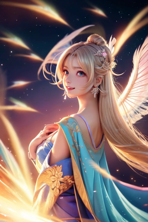 High quality CG illustration,((highest quality)), CG Animation((masterpiece)), (detailed), Perfect Face,日本の女god,A doll-like woman with angel wings, 39 years old,Archangel, , Look forward , Look up at the camera, Bright as morning,(Abysmal),(round, Symmetrical eyes),Delicate facial features,, (She has a mischievous smile),,Big earrings,,(Blonde Hair),(Dramatic Pose),(Flashy photos), Upturned eyes, Upward glance, Cluttered picture,(Hair flying in the air:2.0),(Background vortices and currents),(Dramatic Light),(Nice views),(Surrounded by beautiful feathers),Spectacular realism,,(Soft colors:1.2),超detailed,Dramatic Light,(複雑なdetailed:1.1), Complex background, Sparkling背景, Fractal Background,(Powerful Fangs:1.5) ,Portrait photos,A pale pink shining star in both hands,Background pink,god秘的,Shrine maiden,女god,Beauty,cute,Beauty,The goddess,Anime Style,Anime CG,god様,gem,shine,luxury,god々Aura,crystal,dragon,Gal,Heavy makeup,Eyelashes,Feather coat,Decoration,Facing forward,Anime Style,kimono,Sparkling,gem,左手にcrystalを持つご利益,Fortune telling,gold,luxuryなDecoration,luxuryな背景,noble,和風の女god,altar,dragongod,Aurora,Rainbow-colored,真Facing forward,dazzling,Rich man,wealthy class,Fairy,Light blue hair,earrings,gemが沢山付いた服,Hanfu ,god社,prayer,gemの冠を持つ女性の接写, Anime Style 4k, detailedなDigital anime art, 8Kの高品質でdetailedなアート, Beautiful anime portraits, Anime fantasy artwork, Anime fantasy illustration, anime art wallpaper 4k, anime art wallpaper 4k, Digital anime art,Anime Style. 8k,目線はFacing forward,Gold Folding Screen