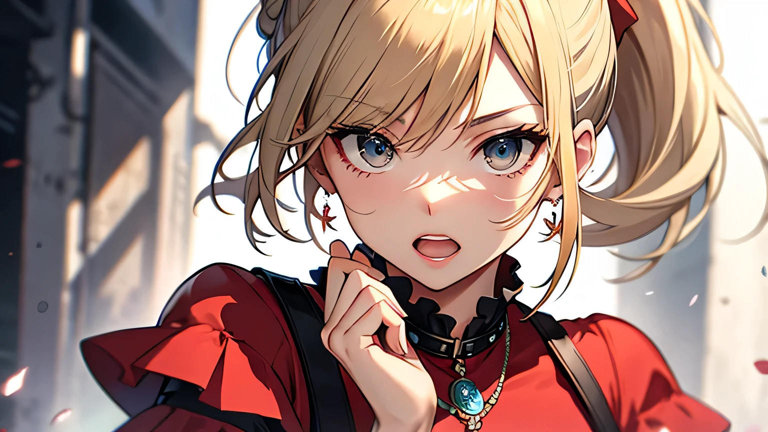 ((highest quality)), ((masterpiece)), (detailed), Perfect Face、Surprised、Cover your open mouth with your hand、blonde、Smooth Hair、ponytail、earring necklace、Red dress、
