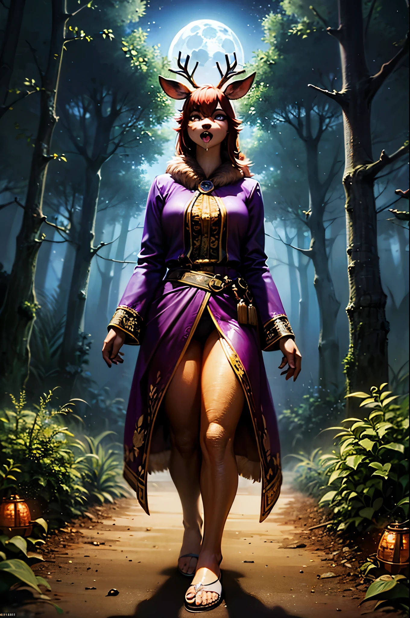 (((Barefoot furry character, full body, cinematic setting, furry female, plantigrade, wears sandals))), (((glow in eyes, open mouth, drooling, deeply hypnotised))), graceful and enigmatic ((deer)) anthro with deep ((purple fur)) and captivating ((violet eyes)). Dressed in flowing, dark robes with belladonna flower motifs. The figure walks barefoot  in a moonlit forest surrounded by eerie nightshade plants, with ripe berries and ethereal moonlight casting shadows. The atmosphere evokes mystery and danger. BREAK, detailed background, 8K, (masterpiece:1.5), intricate details, highly detailed, extreme detail, octane render, fine art, best quality, highres, (detailed face:1.5), ((full_body)), UHD, (((perfect hands))), low light