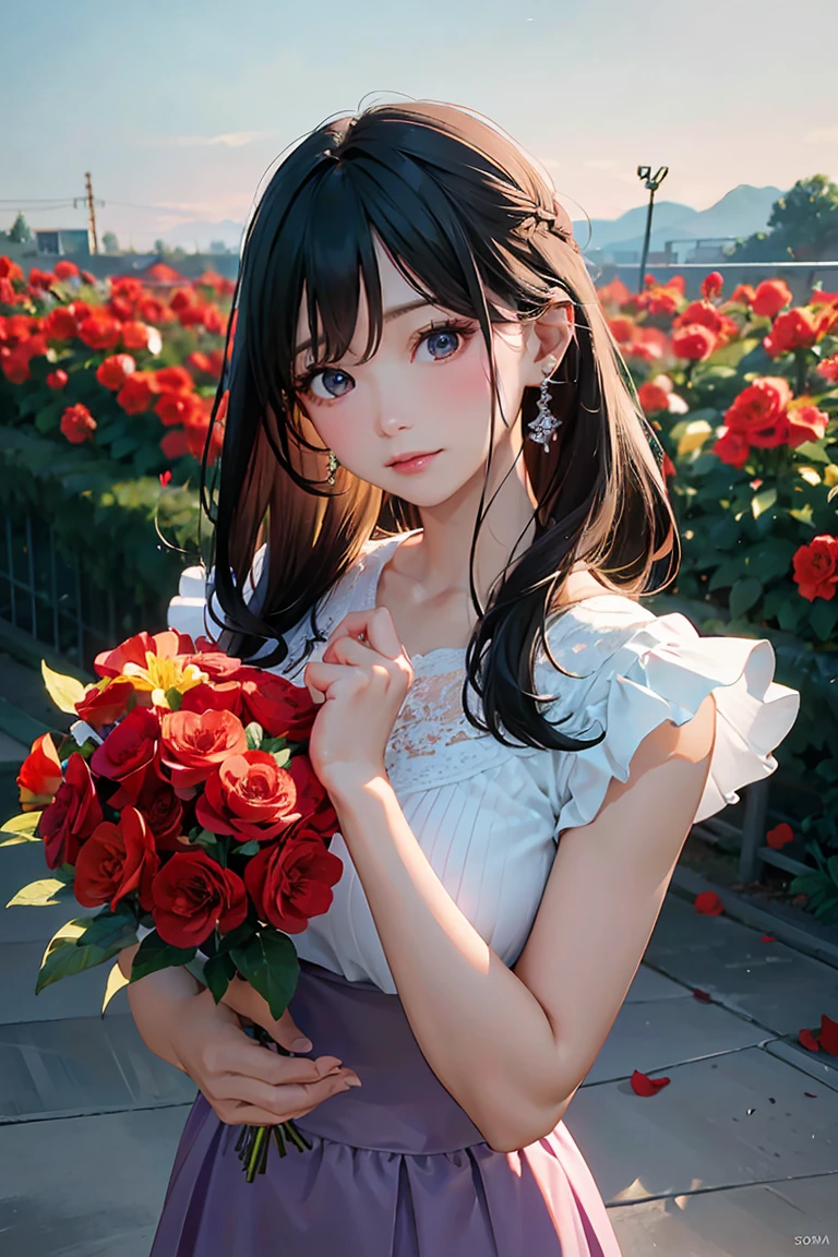 highest quality, (Ultra-high definition 4K), (Ultra High Resolution 8K), Photorealistic, Bright colors, High-definition facial beauty, Beautiful Hair, ((Lip gloss)), (Big and ample breasts), pretty girl, Standing model, Holding a bouquet of red flowers in both hands, Diamond Necklace, Lavender violet dress with beaded embroidery, garden, Flowers, sunlight, Gentle breeze, (Soft lighting, Rendered), Moderate: oil, 35mm f/1.8, Photographed with Sony FE GM