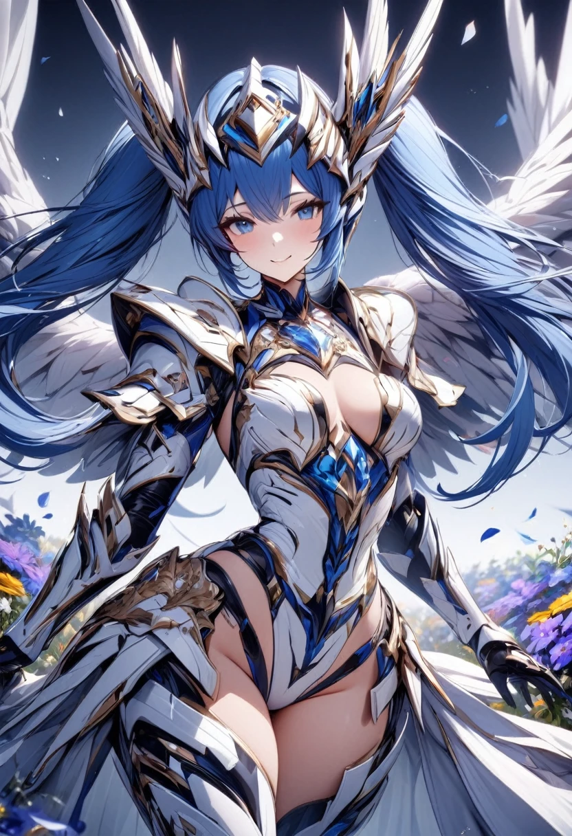 High quality, high definition, hig
h precision images,8k 1 Girl Robot Girl、Blue hair,Twin tails,blue eyes、A field of flowers,
,Blue and white clothing,He's wearing flashy robot armor、luxurious headgear,holding a rabbit A smile about to take off