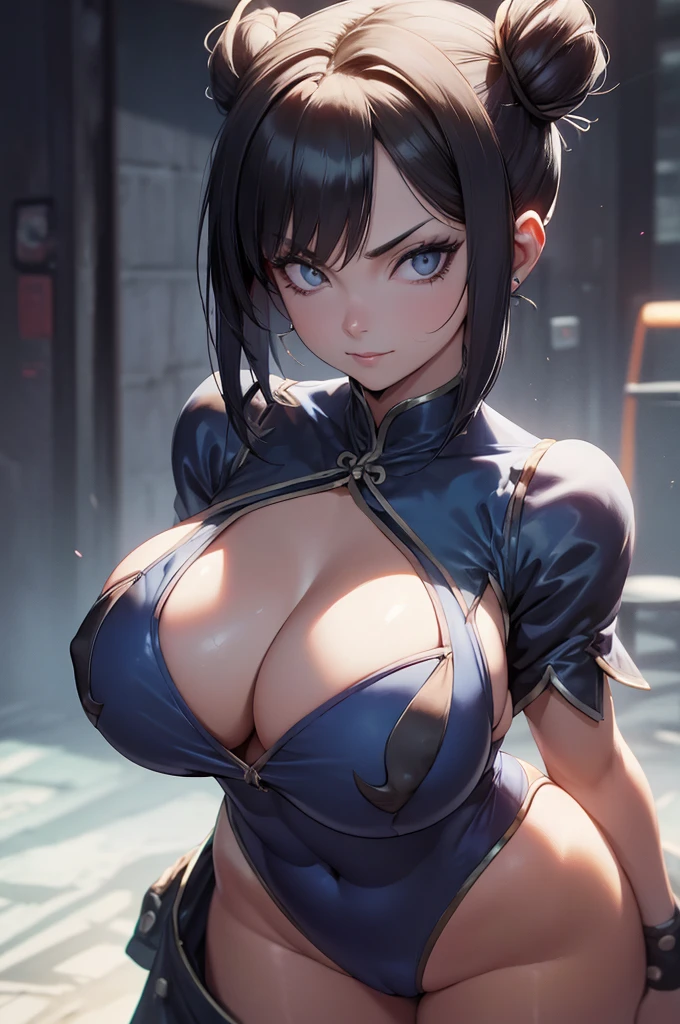 melhor qualidade,roupa azul,juri han,solo, masterpiece, best quality, agrias, grey sweater, black leotard, standing, looking at viewer, short hair,oculos,evil smile, evil look,luvas preta,roupa azul,yandere rosto,low lighting,coxa sarada copo detalhado,olhando para frente juri han,bela,franja nos olhos