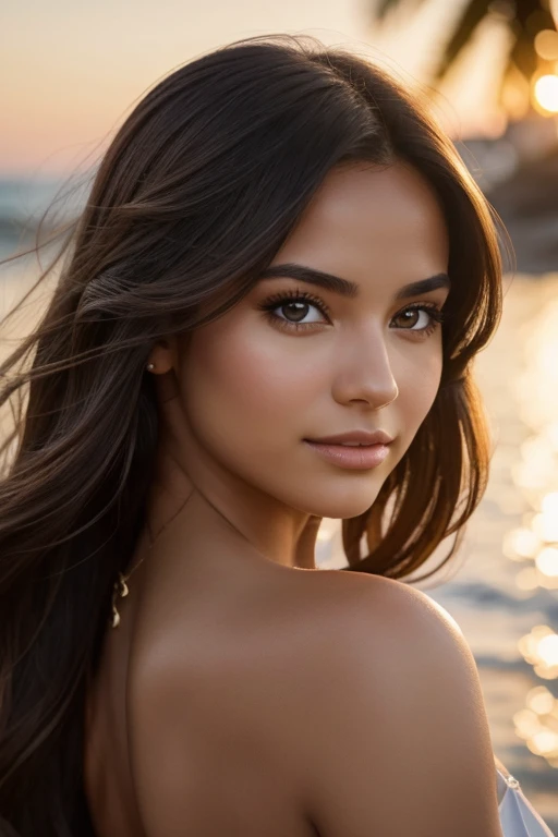Hyperrealistic portrait of a 23-year-old young woman, with her Latin features clearly highlighted. Her caramel-toned skin emanates a subtle golden glow, which harmonizes with her large, expressive amber eyes framed by long black lashes. Cascading over her shoulders is voluminous hair, a rich chocolate hue, that catches the evening light effortlessly. Her straight nose and full, rosy lips, adorned with a natural shine, complete her captivating face. Located on a beach . Bathed in the soft, warm light of the golden hour, her crop top flutters gently in the light breeze, accentuating her presence in the scene. Precisely captured by a high-end DSLR equipped with an 85mm f/1.2 prime lens, the shallow depth of field artfully blurs the background while keeping the face and foreground sharp. The composition is meticulous, with the model slightly off-center to incorporate the historic architecture and clear blue sky. This image evokes a feeling of serenity and timeless beauty, with a color palette that complements the model's complexion and the urban environment. Every detail, from the reflection of light on the silver accessories to the texture of the linen dress to the pattern of shadows on her face, is rendered with exquisite precision.