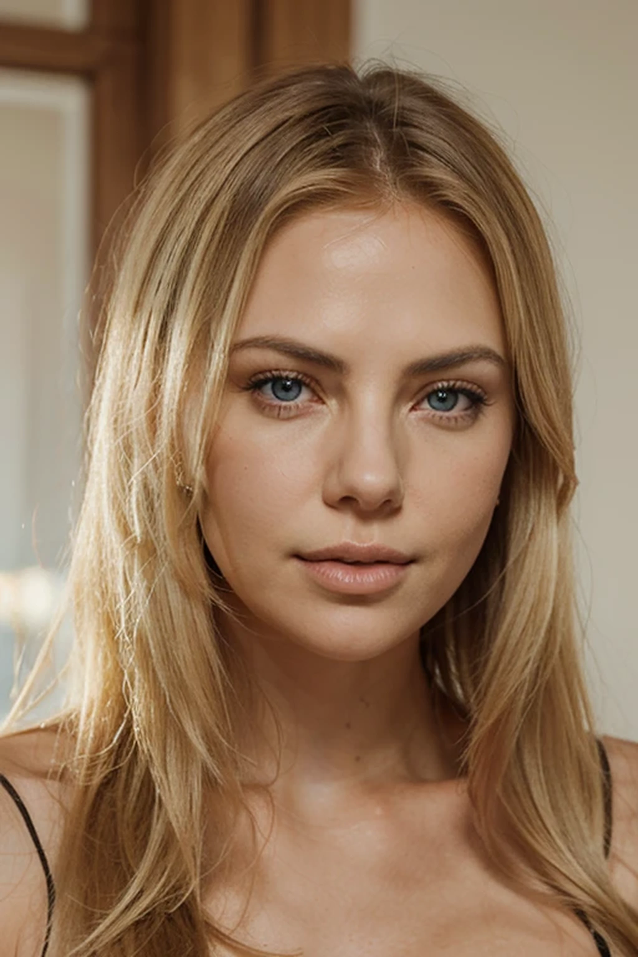 Create a high-definition close-up of a stunning blonde girl with straight hair, resembling a twenty-year-old Charlize Theron. She has captivating blue eyes, velvety skin, and a charming beauty mark beside her mouth. Her most striking feature is her full, sensuous lips, reminiscent of Monica Bellucci. She possesses an athletic build, emphasizing her graceful posture and youthful allure. The image should capture the essence of her features with exquisite detail and clarity.