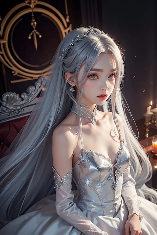 15 years old、woman、whole body、Evil Face, Red eyes, Iris,Silver Hair、Summit、Wedding dress、Long Hair、whole body、Shoulders stick out