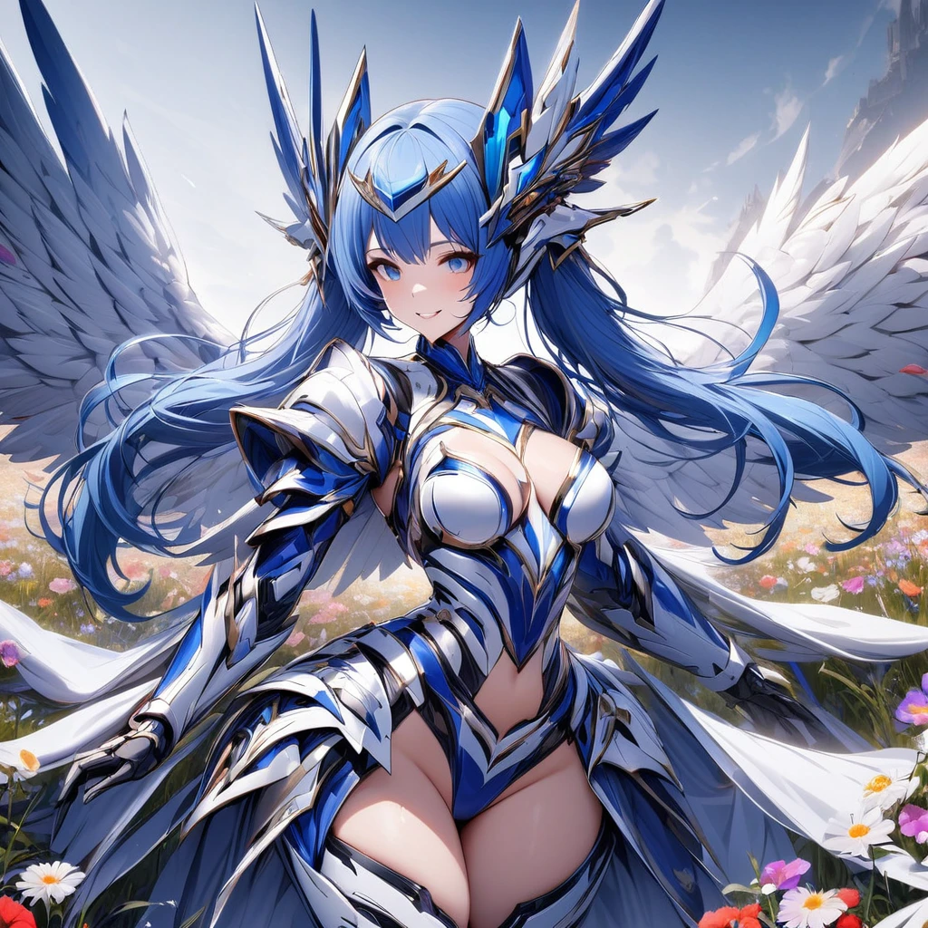 High quality, high definition, hig
h precision images,8k 1 Girl Robot Girl、Blue hair,Twin tails,blue eyes、A field of flowers,
,Blue and white clothing,He's wearing flashy robot armor、luxurious headgear,holding a rabbit A smile about to take off

