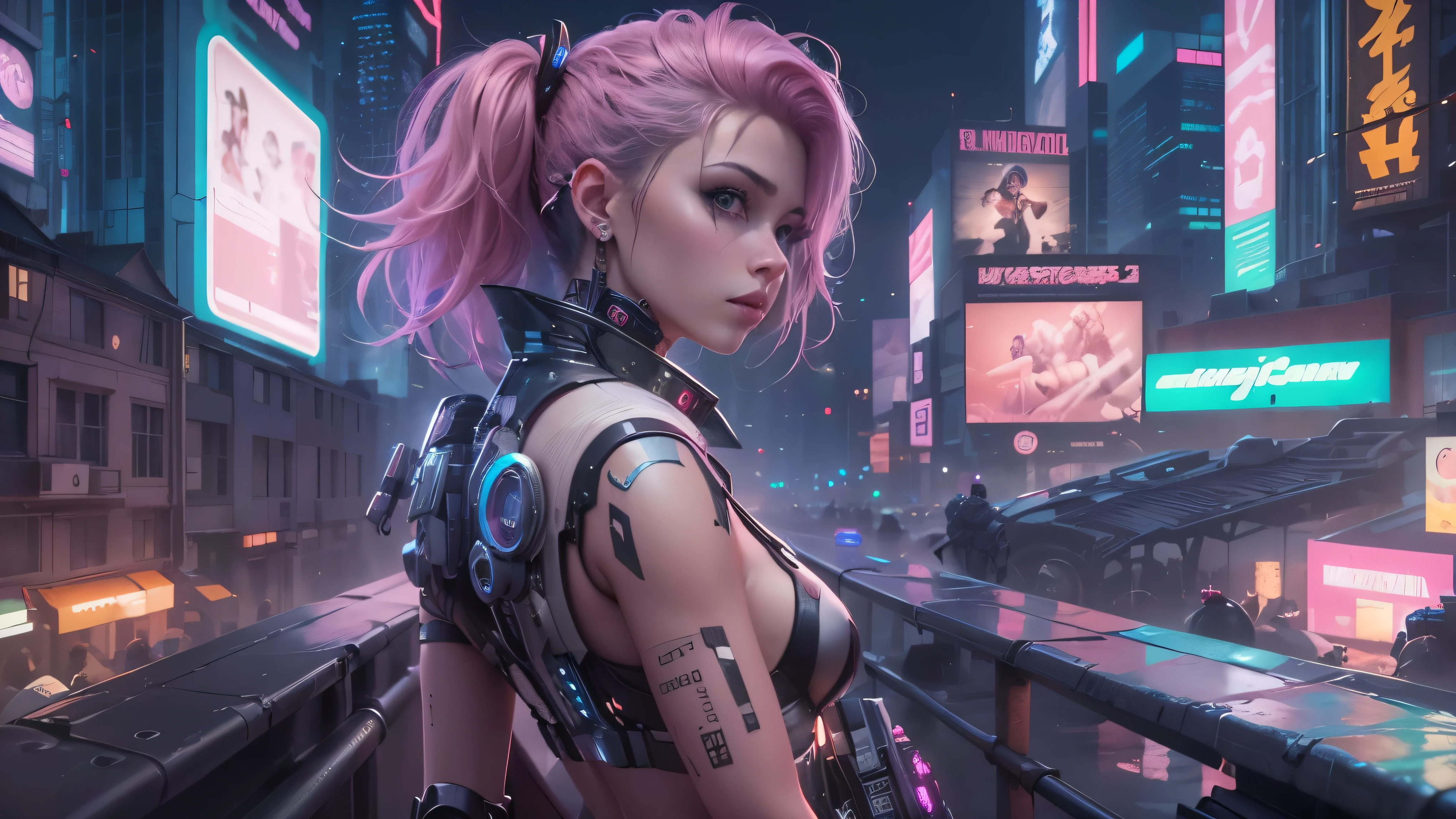 (Best quality,4K,8K,A high resolution,Masterpiece:1.2),Ultra-detailed,(Realistic,Photorealistic,photo-realistic:1.37),Cyberpunk,Girl,The center of the picture,looking at viewert,Mechanical,Metallic,robotic limb,Futuristic city landscape,Pink hair,nigth,mysterious,Vibrant colors,which stands on the street,high-heels,,(lamplight),Science fiction elements,urban chic,full bodyesbian