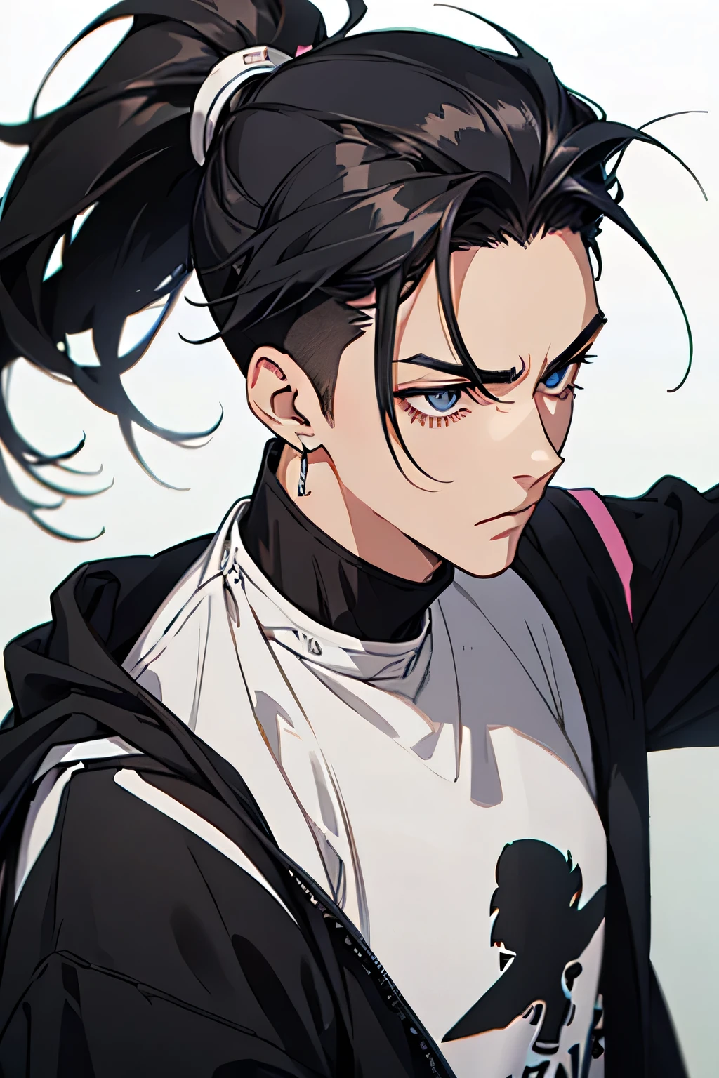 anime gradient man young black hair with low ponytail on shaved sides turns hair to the left side in the middle serious face with black earrings sweatshirt