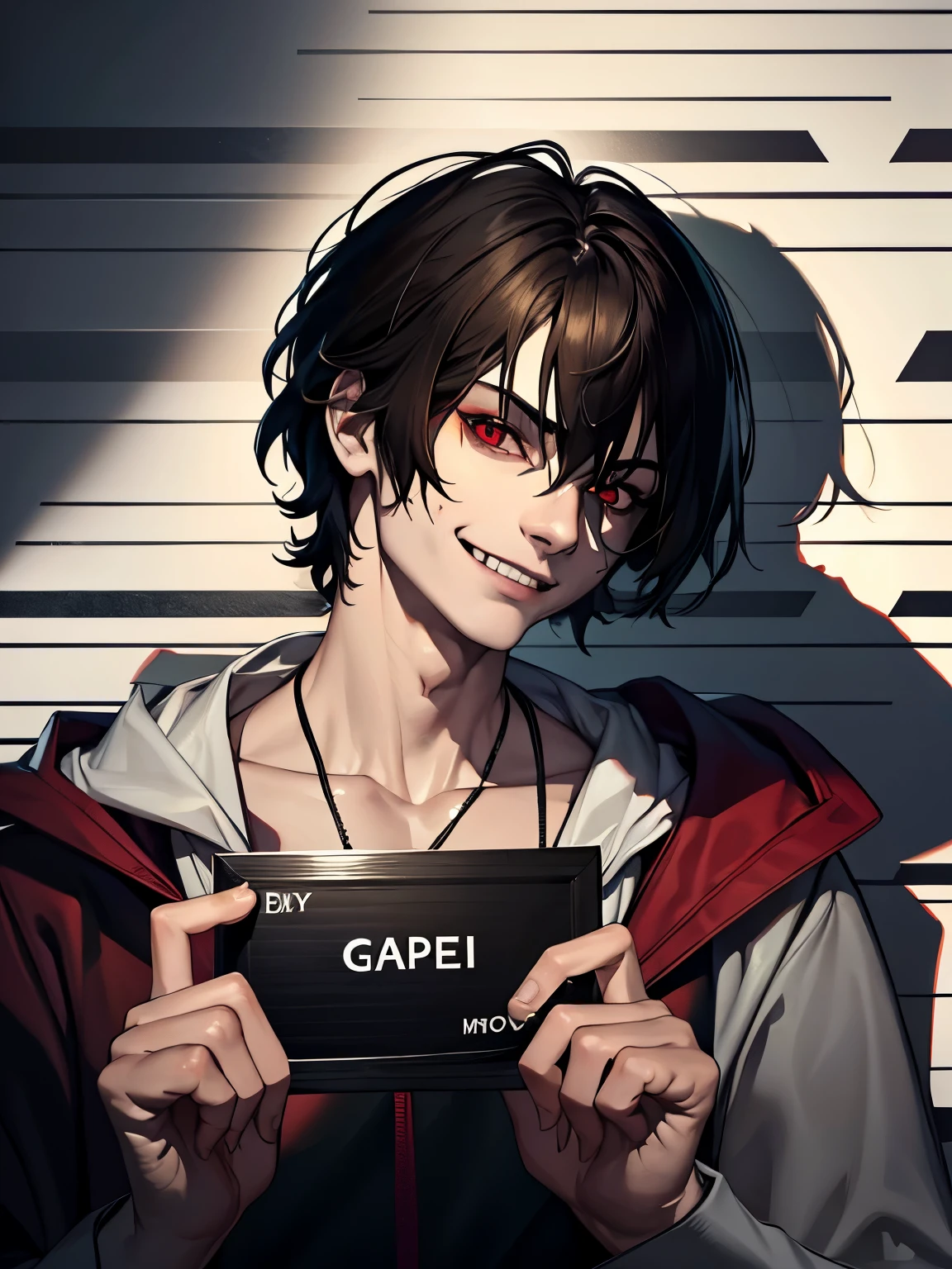 sinister smile, male, thin, pale, looking at the camera, ultra realistic, fully detailed, cemetery environment, red eyes, blood on his face, sensual, terrifying, slight smile, super detailed, short hair, brunette hair, hoodie