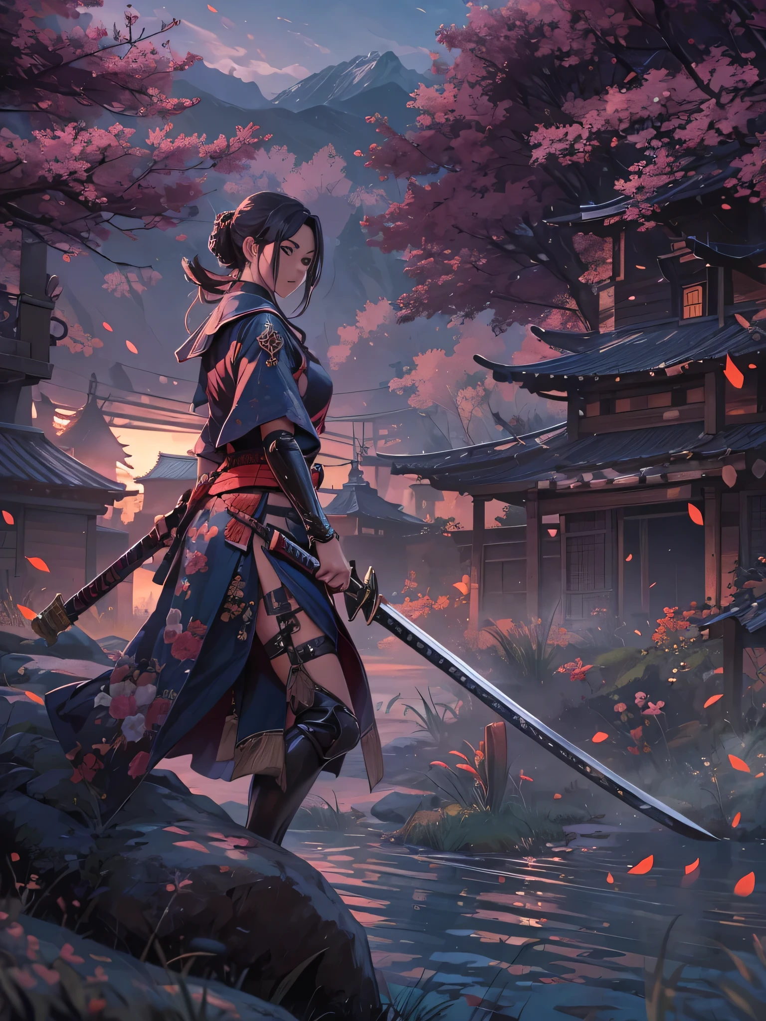 Hazme un Jim Sakai Version Femenina del Juego Ghost Tsushima Con Su Katana en un paisaje digno de samurai que se vea sexy detallada y facciones hermosas.