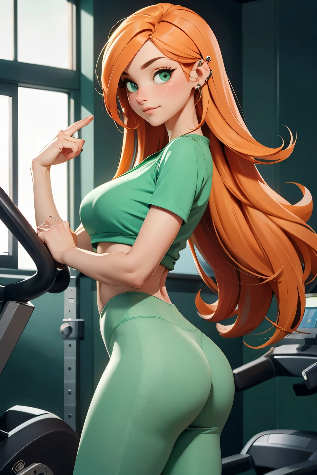 A slim white girl, European appearance, long, straight orange hair worn loose, and piercing green eyes is at the gym. She wears a green top and green leggings that accentuate her curves. She moves with confidence and grace, drawing attention as she works out, big ass