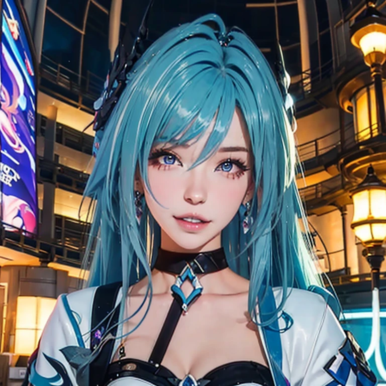 Belledel, sardas,
Cabelo azul claro, magrelo, sorridente,  Quarto, Neon lighting, noite, cabelo da Hatsune Miku