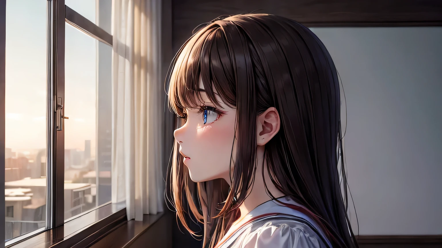 ((masterpiece, highest quality, Ultra Clear, High resolution)), alone, beautiful girl, Shining Eyes, Perfect Eyes,profile, 30 years old, Sunset Theme,Brown Hair,Classroom scene,