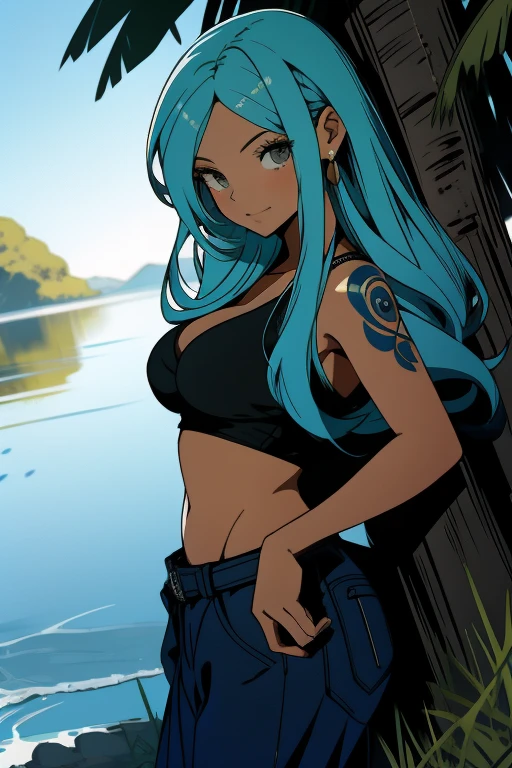 fundo detalhado, Obra de arte, melhor qualidade, 1 garota negra, Sozinho, us \(one piece\), 1 garota, pulseira, blue sky, pulseira, , olhos castanhos, bolha, Grande , nuvem, tiro de vaqueiro, Corpo esguio, afinar, Grande eyes, Eye level, soft lighting, Pose sexy, dia, brincos, cabelo flutuante,joia, Grande breasts, pose de tronco, cabelo longo branco, olhando para o espectador, umbigo, cabelo laranja,shoulder tatuagem,sky, sorriso, Sozinho, standing, stomach, , tatuagem , olhando para o espectador, navio pirata no fundo