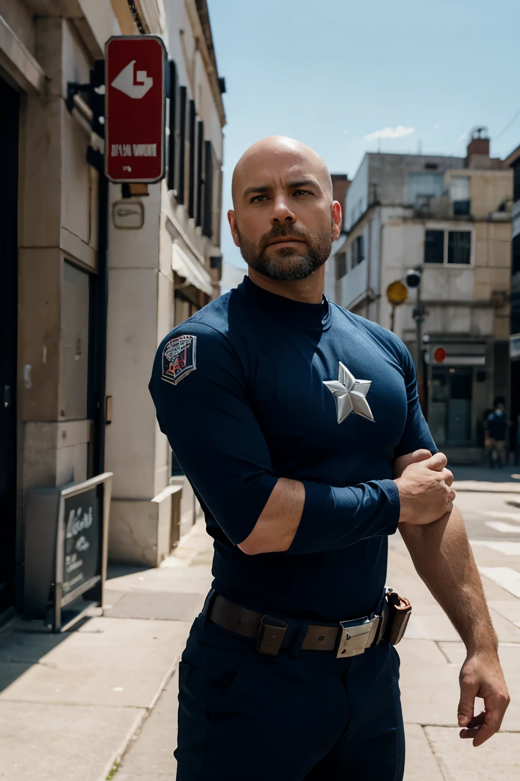 Comics action scene of a 40-year-old bald man with a short beard, wearing Captain America armor in the style of Jack Kirby