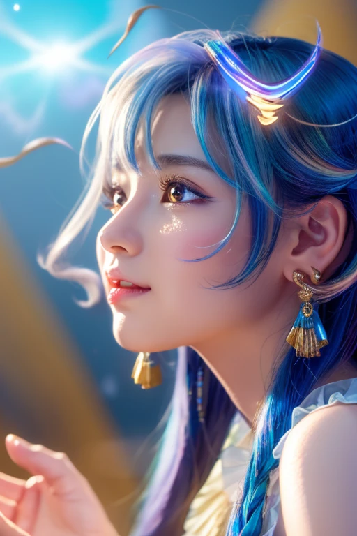 High quality CG illustration,((highest quality)), CG Animation((masterpiece)), (detailed), Perfect Face,
美しいFairy,Fantasy,A doll-like woman with wings, 16 years old,Archangel,, Look forward , Look up at the camera, Bright as morning,(Abysmal),(round, Symmetrical eyes),Delicate facial features,, (She has a mischievous smile),,Big earrings,,(Blonde Hair),(Dramatic Pose),(Flashy photos), Upturned eyes, Upward glance, Cluttered picture,(Hair flying in the air:2.0),(Background vortices and currents),(Dramatic Light),(Nice views),(Surrounded by beautiful feathers),Spectacular realism,,(Soft colors:1.2),超detailed,Dramatic Light,(複雑なdetailed:1.1), Complex background, Sparkling背景, Fractal Background,(Powerful Fangs:1.5) ,Portrait photos,A pale blue glowing sphere in both hands,背景Rainbow-colored,god秘的,,cute,Beauty,Anime Style,Anime CG,gem,shine,luxury,god々Aura,crystal,dragon,Gal,Heavy makeup,Eyelashes,Decoration,Facing forward,Anime Style,Sparkling,gem,左手にcrystalを持つご利益,Fortune telling,gold,luxuryなDecoration,luxuryな背景,noble,dragongod,Aurora,Rainbow-colored,真Facing forward,dazzling,Rich man,wealthy class,Fairy,Light blue hair,earrings,gemが沢山付いた服,prayer,gemの冠を持つ女性の接写, Anime Style 4k, detailedなDigital anime art, 8Kの高品質でdetailedなアート, Beautiful anime portraits, アニメFantasyアートワーク, アニメFantasyイラスト, anime art wallpaper 4k, anime art wallpaper 4k, Digital anime art,Anime Style. 8k,目線はFacing forward,Gold Folding Screen