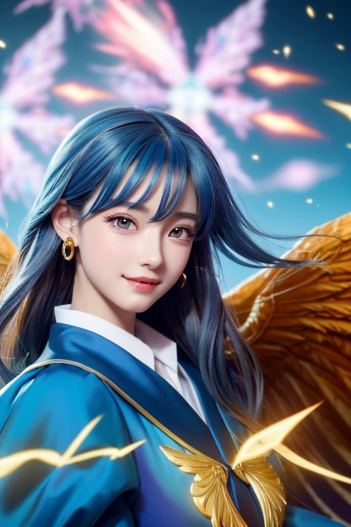 High quality CG illustration,((highest quality)), CG Animation((masterpiece)), (detailed), Perfect Face,
美しいFairy,Fantasy,A doll-like woman with wings, ,Archangel,, Look forward , Look up at the camera, Bright as morning,(Abysmal),(round, Symmetrical eyes),Delicate facial features,, (She has a mischievous smile),,Big earrings,,(Blonde Hair),(Dramatic Pose),(Flashy photos), Upturned eyes, Upward glance, Cluttered picture,(Hair flying in the air:2.0),(Background vortices and currents),(Dramatic Light),(Nice views),(Surrounded by beautiful feathers),Spectacular realism,,(Soft colors:1.2),超detailed,Dramatic Light,(複雑なdetailed:1.1), Complex background, Sparkling背景, Fractal Background,(Powerful Fangs:1.5) ,Portrait photos,A pale blue glowing sphere in both hands,背景Rainbow-colored,god秘的,,cute,Beauty,Anime Style,Anime CG,gem,shine,luxury,god々Aura,crystal,dragon,Gal,Heavy makeup,Eyelashes,Decoration,Facing forward,Anime Style,Sparkling,gem,左手にcrystalを持つご利益,Fortune telling,gold,luxuryなDecoration,luxuryな背景,noble,dragongod,Aurora,Rainbow-colored,真Facing forward,dazzling,Rich man,wealthy class,Fairy,Light blue hair,earrings,gemが沢山付いた服,prayer,gemの冠を持つ女性の接写, Anime Style 4k, detailedなDigital anime art, 8Kの高品質でdetailedなアート, Beautiful anime portraits, アニメFantasyアートワーク, アニメFantasyイラスト, anime art wallpaper 4k, anime art wallpaper 4k, Digital anime art,Anime Style. 8k,目線はFacing forward,Gold Folding Screen