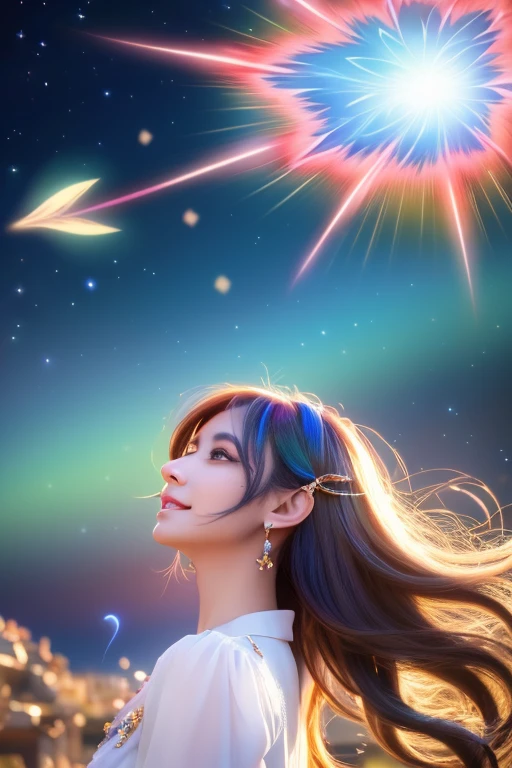 High quality CG illustration,((highest quality)), CG Animation((masterpiece)), (detailed), Perfect Face,
美しいFairy,Fantasy,A doll-like woman with wings, 16 years old,Archangel,, Look forward , Look up at the camera, Bright as morning,(Abysmal),(round, Symmetrical eyes),Delicate facial features,, (She has a mischievous smile),,Big earrings,,(Blonde Hair),(Dramatic Pose),(Flashy photos), Upturned eyes, Upward glance, Cluttered picture,(Hair flying in the air:2.0),(Background vortices and currents),(Dramatic Light),(Nice views),(Surrounded by beautiful feathers),Spectacular realism,,(Soft colors:1.2),超detailed,Dramatic Light,(複雑なdetailed:1.1), Complex background, Sparkling背景, Fractal Background,(Powerful Fangs:1.5) ,Portrait photos,A pale blue glowing sphere in both hands,背景Rainbow-colored,god秘的,,cute,Beauty,Anime Style,Anime CG,gem,shine,luxury,god々Aura,crystal,dragon,Gal,Heavy makeup,Eyelashes,Decoration,Facing forward,Anime Style,Sparkling,gem,左手にcrystalを持つご利益,Fortune telling,gold,luxuryなDecoration,luxuryな背景,noble,dragongod,Aurora,Rainbow-colored,真Facing forward,dazzling,Rich man,wealthy class,Fairy,Light blue hair,earrings,gemが沢山付いた服,prayer,gemの冠を持つ女性の接写, Anime Style 4k, detailedなDigital anime art, 8Kの高品質でdetailedなアート, Beautiful anime portraits, アニメFantasyアートワーク, アニメFantasyイラスト, anime art wallpaper 4k, anime art wallpaper 4k, Digital anime art,Anime Style. 8k,目線はFacing forward,Gold Folding Screen