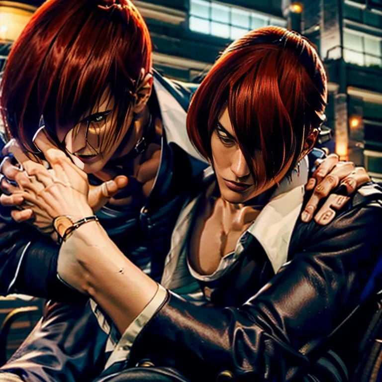 (Perfect details,masterpiece, Good details),(Good lighting, arms held like a cat、 Perfect details, Perfect eye details, Perfect anatomy details,(Iori Yagami, King of Fighters,), Iori Yagami, KOF,(original design：Yagami-an,),A perfect move with no mistakes, エラーのないPerfect details, Excellent anatomical details, Redhead,Sharp Eye