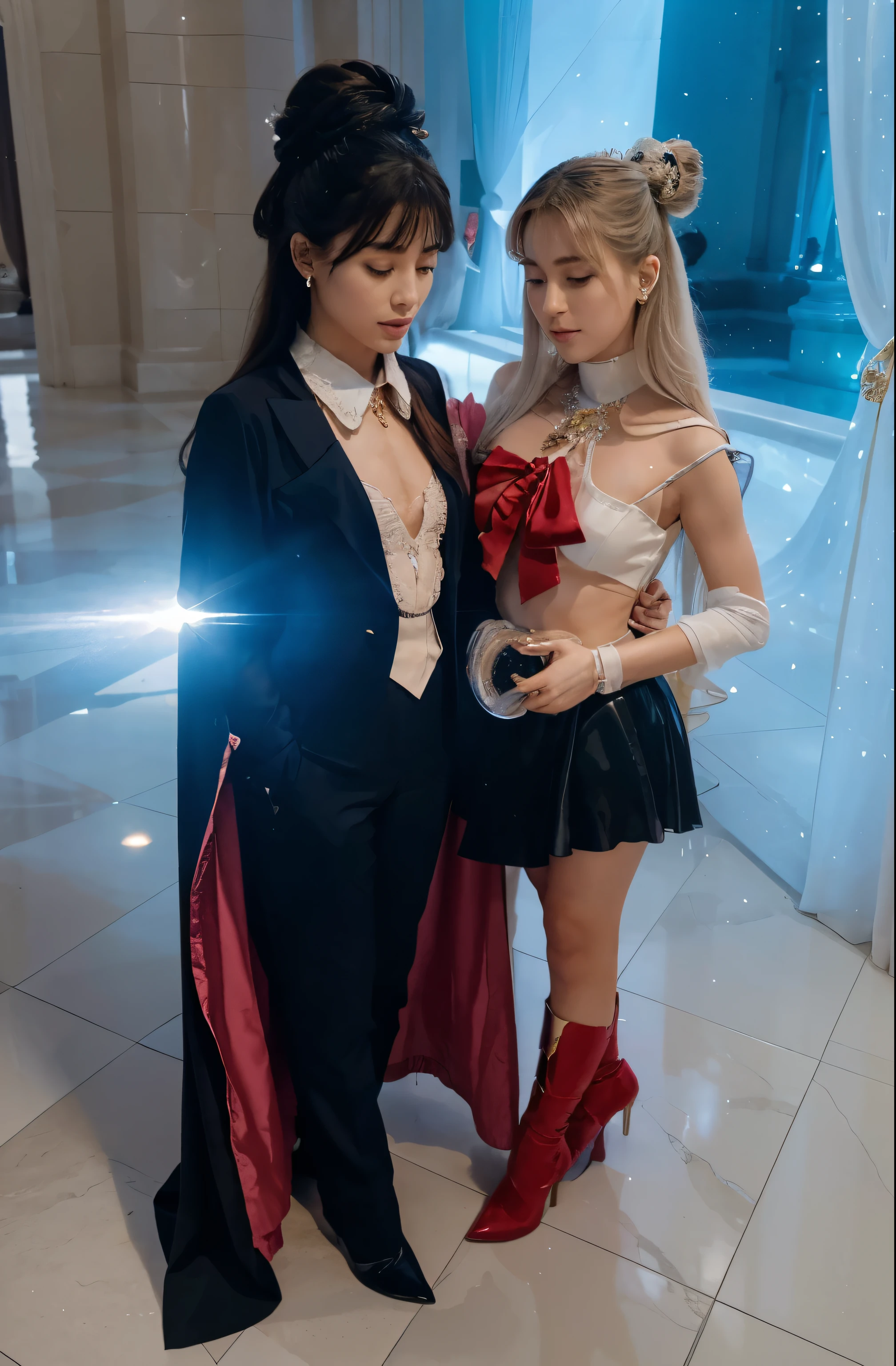 (Best quality, 8k, 32k, Masterpiece, UHD:1.2) "Imagine the stunning and ethereal Crystal Palace from the world of Sailor Moon. Describe an awe-inspiring palace made entirely of crystal, towering majestically in the center of Crystal Tokyo. The palace glows with a radiant, otherworldly light, reflecting and refracting the colors of the rainbow through its transparent walls and spires.
The architecture is a blend of futuristic design and regal elegance, with tall, slender towers that reach towards the sky and intricate detailing that glistens like diamonds. The main hall of the palace is a vast, open space with high ceilings and grand chandeliers made of crystal that cast shimmering light across the room. The floors are smooth and mirror-like, creating a sense of endless space and light.
Surrounding the palace are lush gardens filled with vibrant, otherworldly flora that bloom in the presence of the palace's magic. Fountains of crystal-clear water create soothing sounds, and pathways made of crystalline stones lead visitors through the gardens to the palace entrance.
Inside the palace, rooms are adorned with delicate crystal furnishings and soft, glowing light that creates a serene and peaceful atmosphere. The throne room, where Neo-Queen Serenity and King Endymion preside, is the heart of the palace, featuring a grand throne made of the purest crystal and surrounded by shimmering curtains and elegant décor.
Describe the daily life within the Crystal Palace, the activities of its royal inhabitants, and the interactions between the Sailor Guardians as they protect and govern Crystal Tokyo. Highlight the sense of peace, beauty, and magic that permeates the palace, making it a symbol of hope and prosperity in the Sailor Moon universe."
