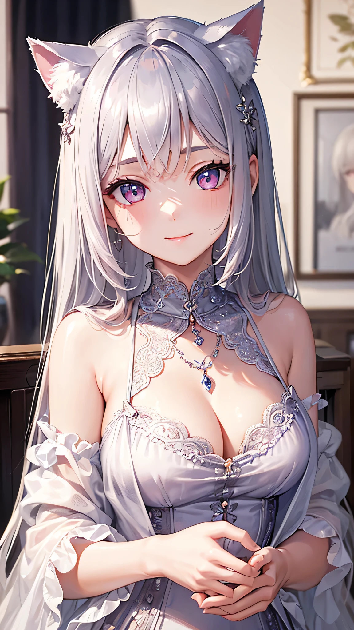 masterpiece,highest quality,Highly detailed face,fine grain,Swimwear、Sparkling eyes,Highlighted eyes,Medium chest,pretty girl,smile,Cat ear,Beautiful silver hair,Pink inside,Beautiful pink eyes,