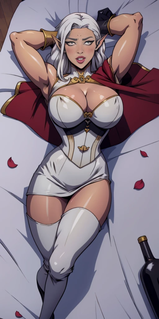 (((masterpiece,high resolution,best quality))), 1girl, solo,wine bottle,bare legs, large breasts, lying, on back, petals, looking at viewer, armpits, open mouth, solo, blush, wet clothes, heart, arms up, wet, bed sheet, origin, 1girl, red cape, boots, gloves, epaulettes, black corset, corset, black gloves, :d, black skirt, Pirotess, (yellow eyes), white hair, silver hair, very long hair, straight hair, solo, adult woman, tall, slightly muscular, large breasted, cleavage, constricted waist, Toned body, slight abs, thin dark skin, pointy ears, lipstick, makeup, black eyeshadow, circlet, white short dress, jewelry, bracelet, white gloves, thigh boots