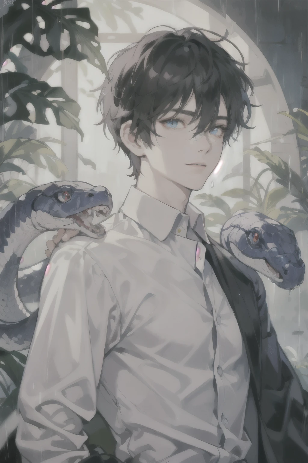masterpiece, best quality, ultra detailed, (solo man), (male focus), ((Oblong face)), ((Square jawline)), black hair, ((hairs between eyes)), ((shoulder length)), ((narrow blue eye)), fair skin, skinny body, beauty mark, {uniform, outfit, clothes}, dress shirt, (Giving an insincere smile:0.7), (with a big albino snake) , rainy, Getting hit by the rain