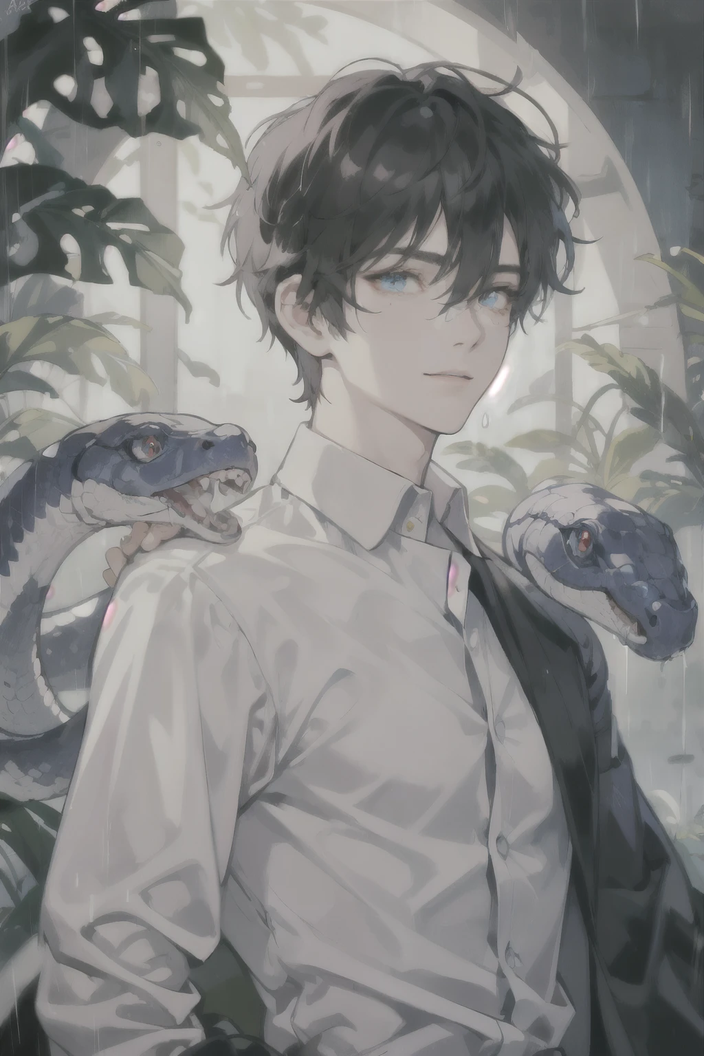 masterpiece, best quality, ultra detailed, (solo man), (male focus), ((Oblong face)), ((Square jawline)), black hair, ((hairs between eyes)), ((shoulder length)), ((narrow blue eye)), fair skin, skinny body, beauty mark, {uniform, outfit, clothes}, dress shirt, (Giving an insincere smile:0.7), (with a big albino snake) , rainy, Getting hit by the rain
