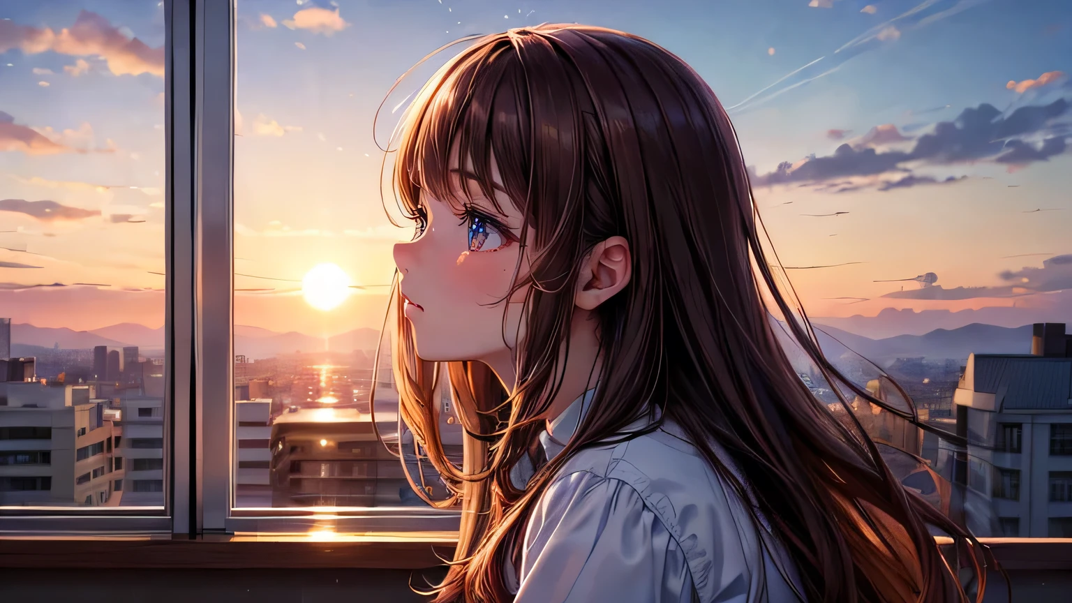 ((masterpiece, highest quality, Ultra Clear, High resolution)), alone, beautiful girl, Shining Eyes, Perfect Eyes,profile, 30 years old, Sunset Theme,Brown Hair,Classroom scene,