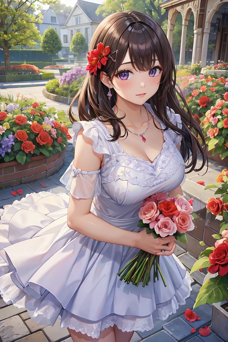 highest quality, (Ultra-high definition 4K), (Ultra High Resolution 8K), Photorealistic, Bright colors, High-definition facial beauty, Beautiful Hair, ((Lip gloss)), (Big and ample breasts), pretty girl, Standing model, Holding a bouquet of red flowers in both hands, Diamond Necklace, Lavender violet dress with beaded embroidery, garden, Flowers, sunlight, Gentle breeze, (Soft lighting, Rendered), Moderate: oil, 35mm f/1.8, Photographed with Sony FE GM