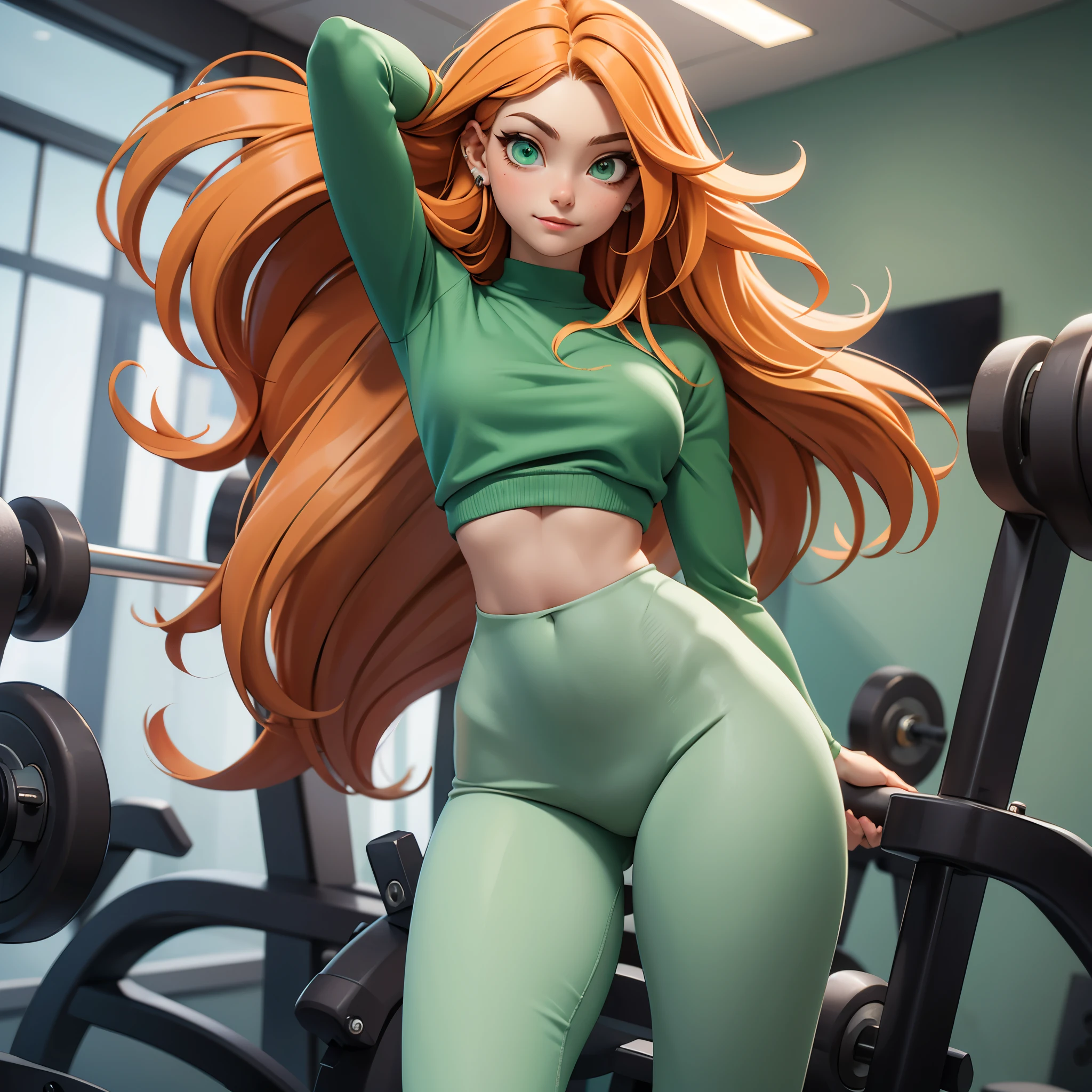 A slim white girl with a European appearance, long, straight orange hair worn loose, and piercing green eyes is at the gym. She wears a green top and green leggings that accentuate her curves. She moves with confidence and grace, drawing attention as she works out