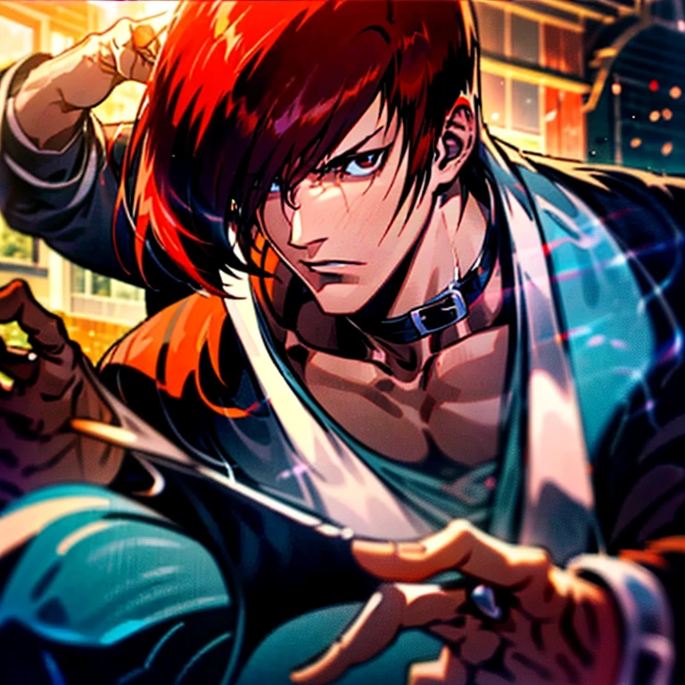 (Perfect details,masterpiece, Good details),(Good lighting, arms held like a cat、 Perfect details, Perfect eye details, Perfect anatomy details,(Iori Yagami, King of Fighters,), Iori Yagami, KOF,(original design:Yagami-an,),A perfect move with no mistakes, エラーのないPerfect details, Excellent anatomical details, Redhead,Sharp Eye