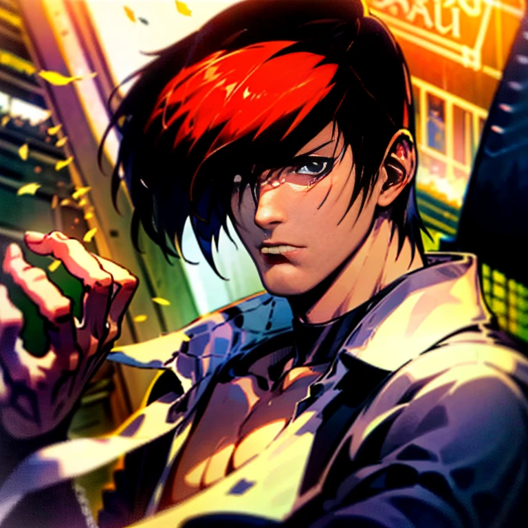 (Perfect details,masterpiece, Good details),(Good lighting, arms held like a cat、 Perfect details, Perfect eye details, Perfect anatomy details,(Iori Yagami, King of Fighters,), Iori Yagami, KOF,(original design：Yagami-an,),A perfect move with no mistakes, エラーのないPerfect details, Excellent anatomical details, Redhead,Sharp Eye