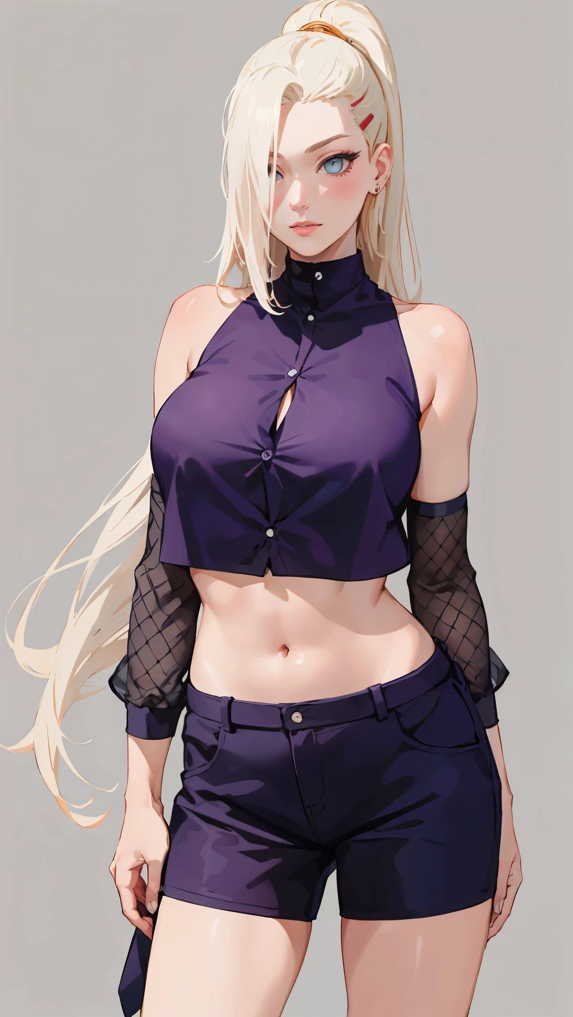 yamanaka ino, purple crop top, sleeveless, shaved armpits, long blonde hair, bangs, masterpiece,
BREAK (blouse and cardigan:1.2),
BREAK full bodyesbian，Standing on the ground，Slim，long leges，Stand up straight，nothing background，Slim，extra long leg，A sagging breast,arms behind back,
BREAK ((top quality, 8k, masterpiece: 1.3, ultra hd, high quality, best quality, high definition, realism)), sharp focus: 1.5, Beautiful woman with Slim body, (perfect hands, perfect anatomy),