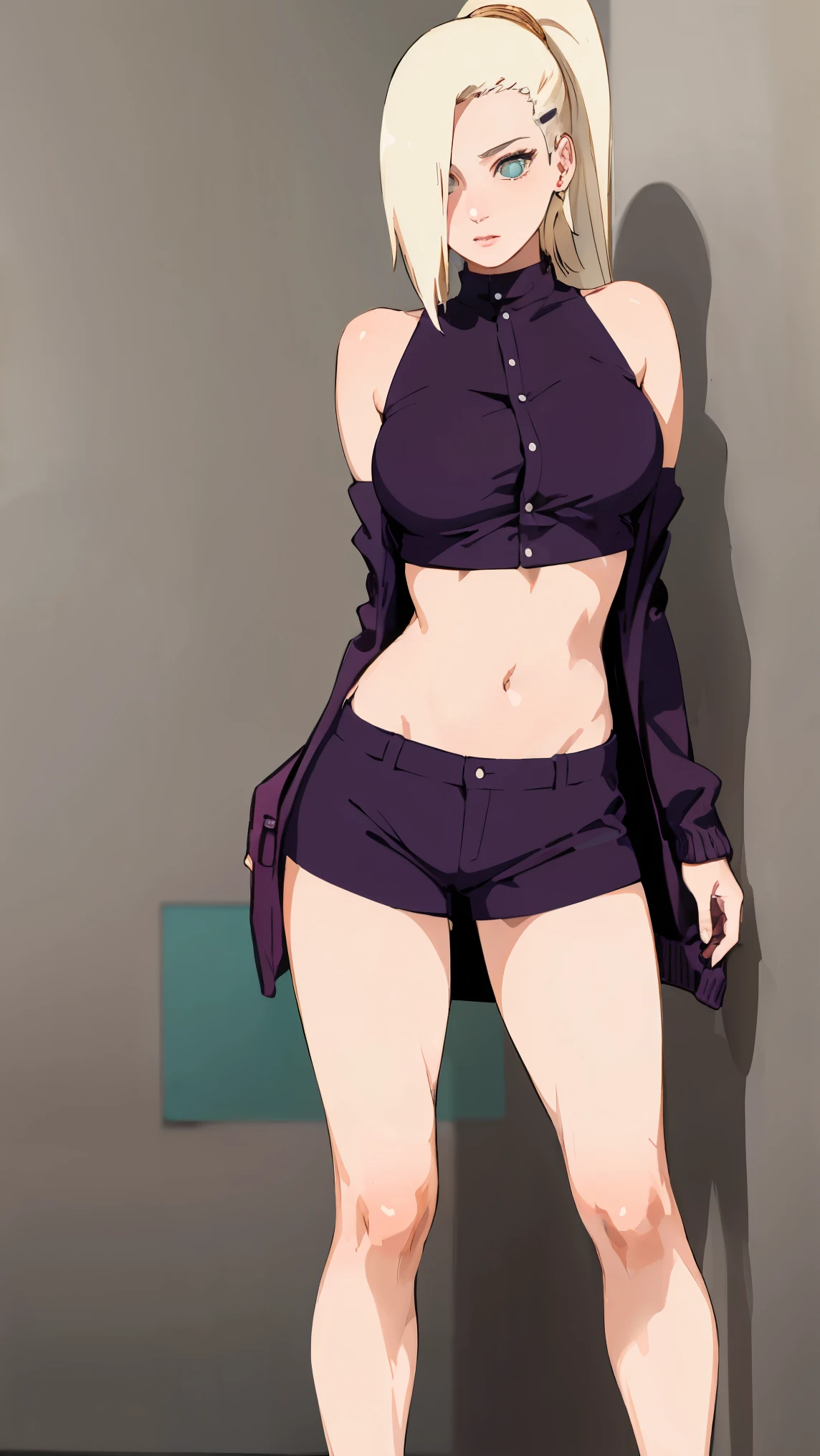 yamanaka ino, purple crop top, sleeveless, shaved armpits, long blonde hair, bangs, masterpiece,
BREAK (blouse and cardigan:1.2),
BREAK full bodyesbian，Standing on the ground，Slim，long leges，Stand up straight，nothing background，Slim，extra long leg，A sagging breast,arms behind back,
BREAK ((top quality, 8k, masterpiece: 1.3, ultra hd, high quality, best quality, high definition, realism)), sharp focus: 1.5, Beautiful woman with Slim body, (perfect hands, perfect anatomy),