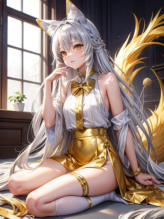 Silver long hair golden bunny ears with 2 golden cat tails wearing silver shoulderless silver skirt and golden socks