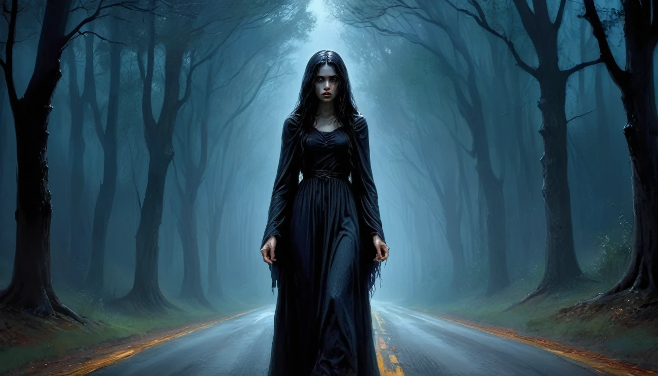 Description: A country road surrounded by dark and sinister trees. La Llorona slowly emerges from the shadows of the trees, with an expression of pain and despair on her face, startling a group of friends who were walking down the road at night. Description: A country road surrounded by dark and sinister trees. La Llorona slowly emerges from the shadows of the trees, with an expression of pain and despair on her face, startling a group of friends who were walking down the road at night.