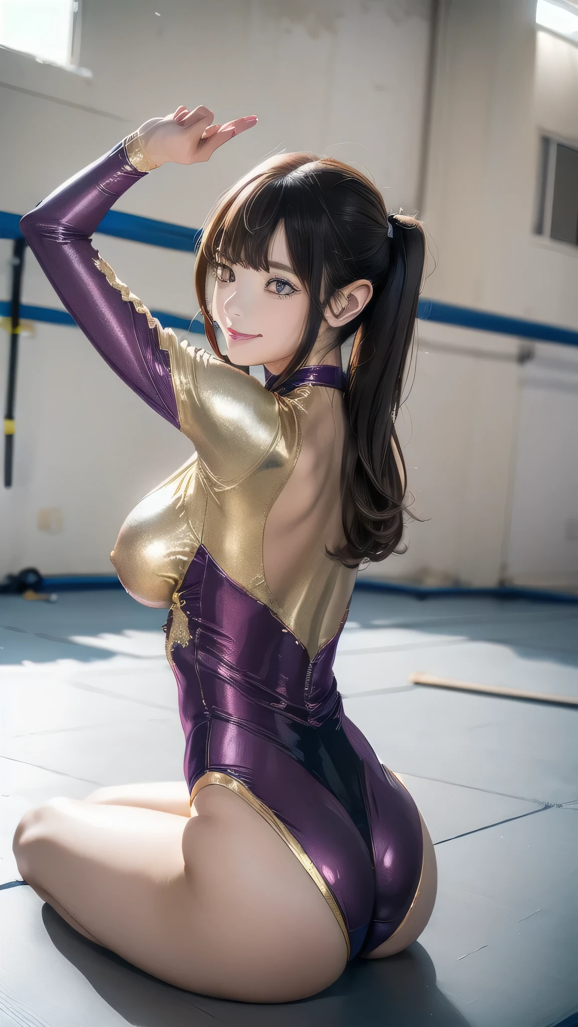 woman:1 person, ((Highly detailed skin), Beautiful realistic face, White skin, Pointed Chest, Erect nipples, Perfect Anatomy, Realistic eyes, Natural Eyes, Brown Eyes, Accurate eye focus, Accurate limbs), (Hyper Realist, Ultra-realistic, 4k, Attention to detail, Ultra-high resolution, highest quality, masterpiece, Presence, dynamic, bold, Sharpness), (Thinning hair:2), (Soft Hair:2), (Straight hair:1.5), Long, slicked bangs, Very light coppery amber hair, Hair on one eye, (Twin tail hair), (Female gymnast, Detailed costume, Wearing a long sleeve leotard:1.5), Shiny long sleeve leotard, Golden long sleeve leotard, Silver long sleeve leotard, Metallic colors long sleeve leotard, Racing long sleeve leotard, Gymnastics Long Sleeve Leotard, High leg long sleeve leotard, Long sleeve leotard with crystals, ({Metallic pink color| Metallic gold color| Metallic silver color| Metallic wine red color| Metallic navy color| Metallic purple color| Metallic yellow color| Metallic grey color| Metallic colors|}Long sleeve leotard colors), Big Breasts:1.2, Tall, Long, slender limbs, (All fours pose, Doggy style pose, Dog Pose, I'm sticking my butt up, Sticking out her butt, Accentuate your buttocks, The long-sleeved leotard is digging into her butt), back, Looking Back, whole body, Put your chest close, Emphasize the chest, Looking into the camera, smile, barefoot, (Gymnastics Venue:1.3), Nikon, Canon,