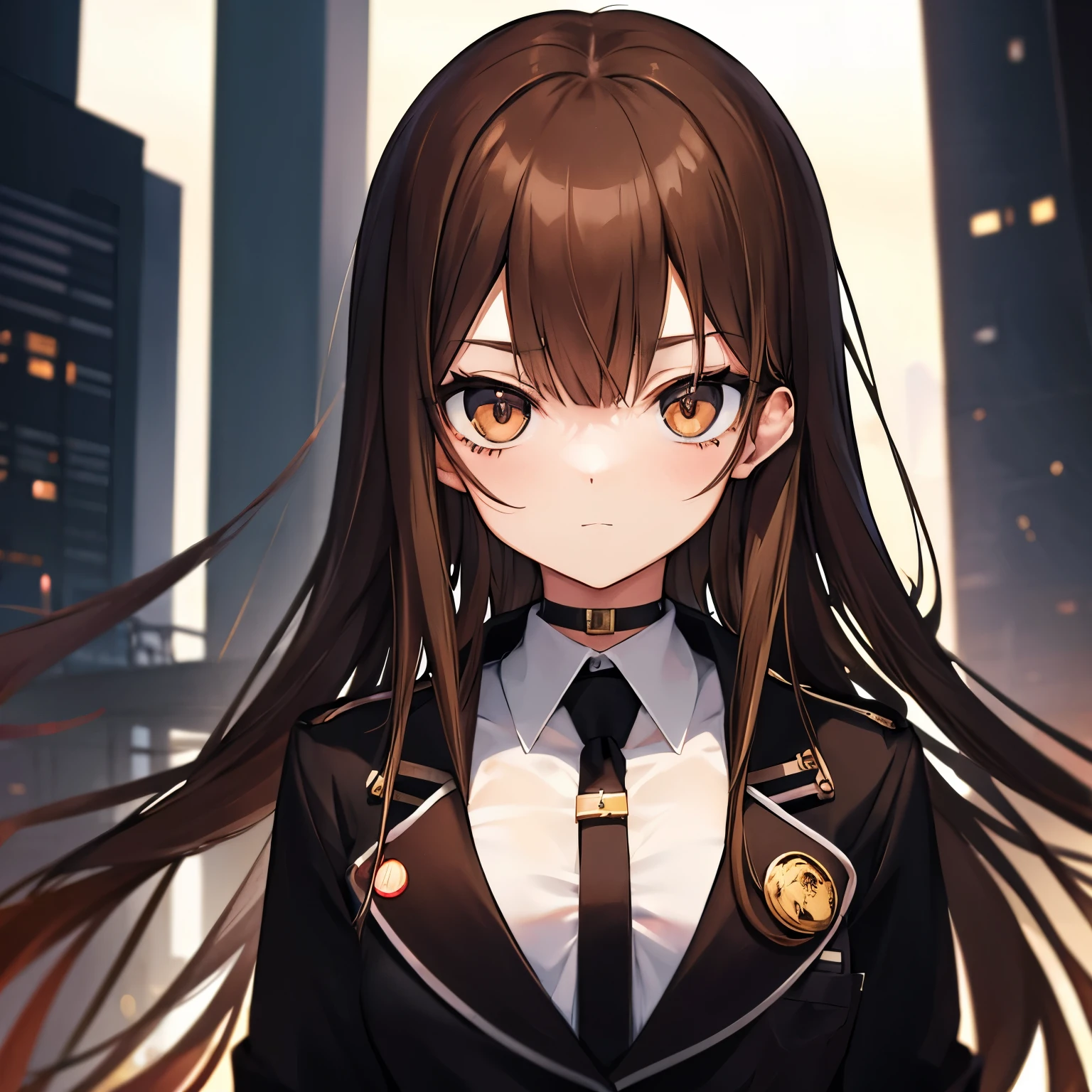 Anime girl, Long brown hair, Brown eyes, patch on right eye, mafia, with a pistol, in black, 15 years